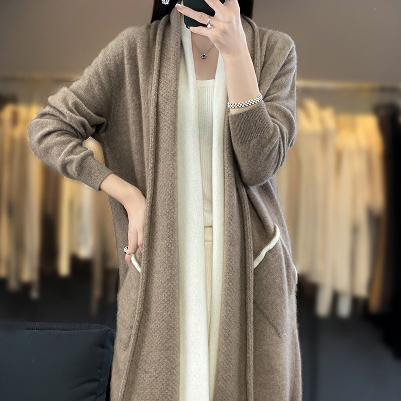 Damen Langer offener Cardigan in Kaschmir‑Look mit Schalkragen und Eingriffstaschen Drune