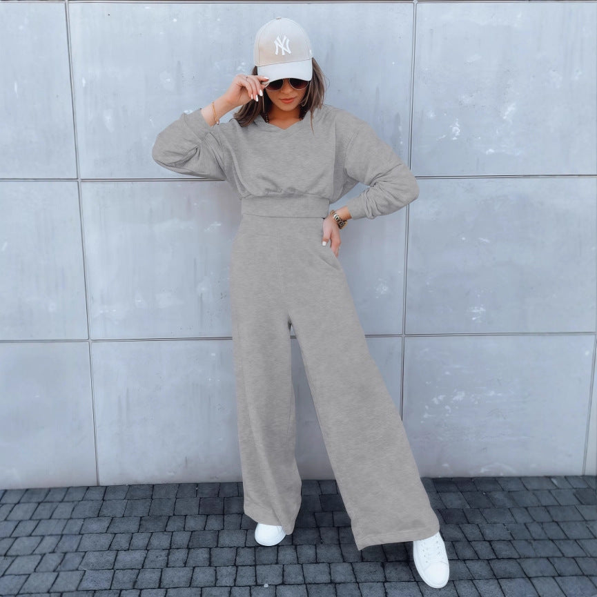 Damen Loungewear-Set mit Cropped V‑Ausschnitt-Pullover und hochtaillierter Palazzohose Drune