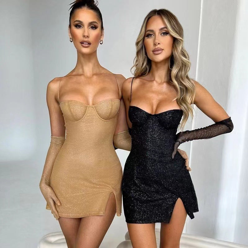 Damen Glamouröses Minikleid mit schimmerndem Oberteil und taillierter Silhouette Drune