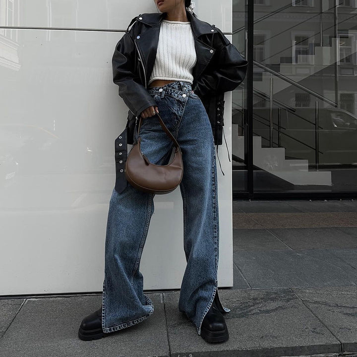 Damen High-Waist Jeans mit weitem Schnitt und seitlichen Schlitzen Drune
