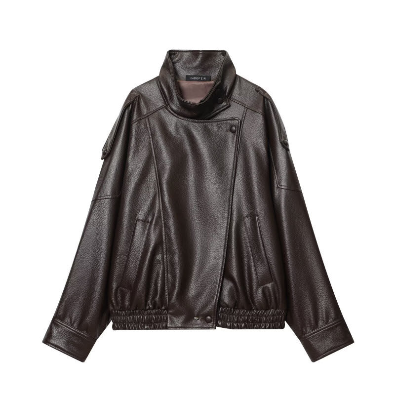 Damen Cropped Kunstleder‑Bomber mit asymmetrischer Druckknopfblende und Funnelkragen Drune