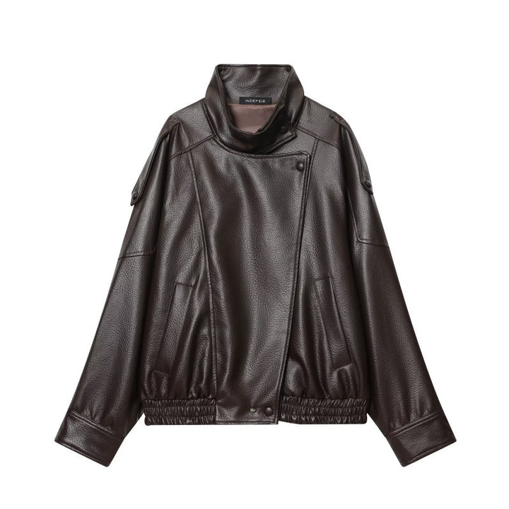 Damen Cropped Kunstleder‑Bomber mit asymmetrischer Druckknopfblende und Funnelkragen Drune