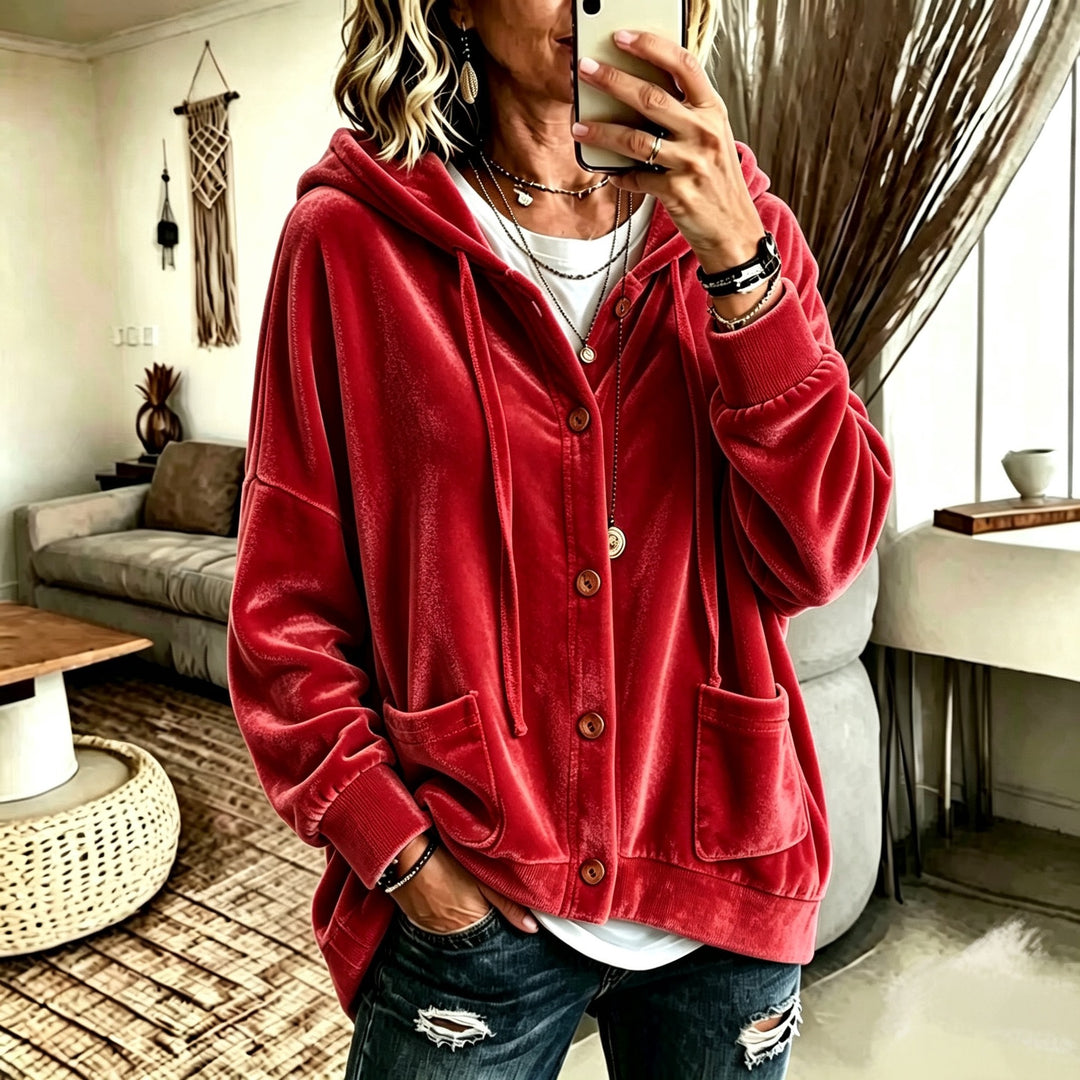 Damen Oversize Kapuzen-Samtjacke mit Knopfleiste und aufgesetzten Taschen Drune