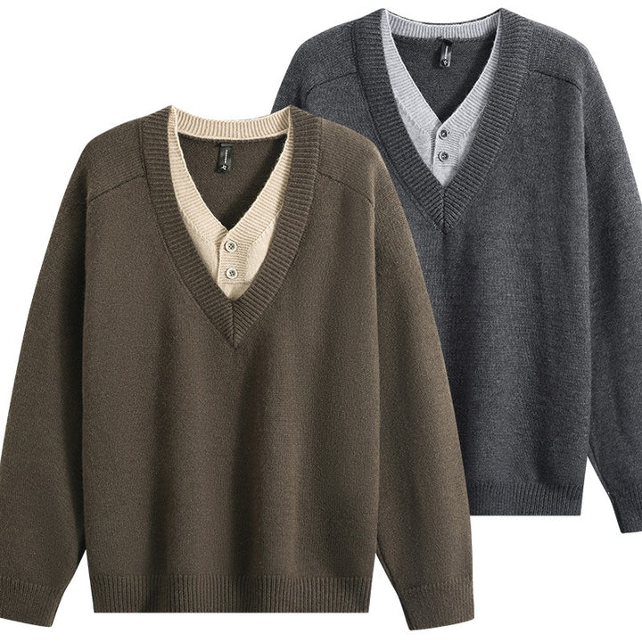 Unisex Oversize V‑Neck Strickpullover mit eingearbeiteter Henley-Optik Drune
