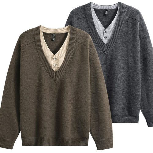 Unisex Oversize V‑Neck Strickpullover mit eingearbeiteter Henley-Optik Drune