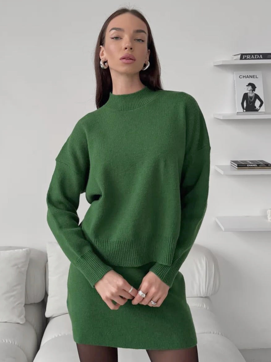 Damen kuscheliges Strickensemble mit hochgeschlossenem Design und ausgestelltem Rock Drune