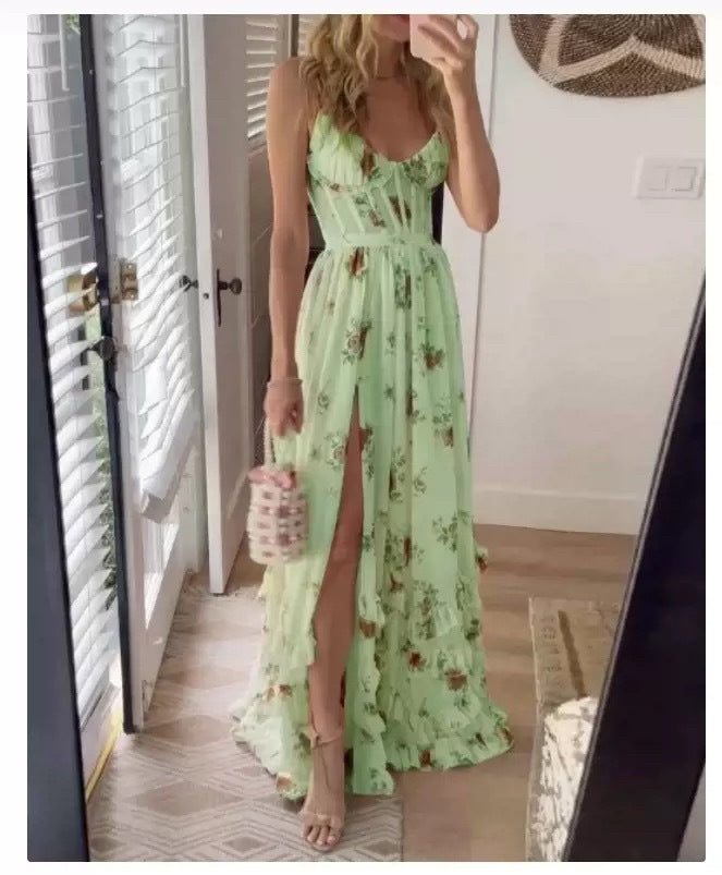 Damen Maxikleid mit floralem Spitzenoberteil und hohem Schlitz Drune