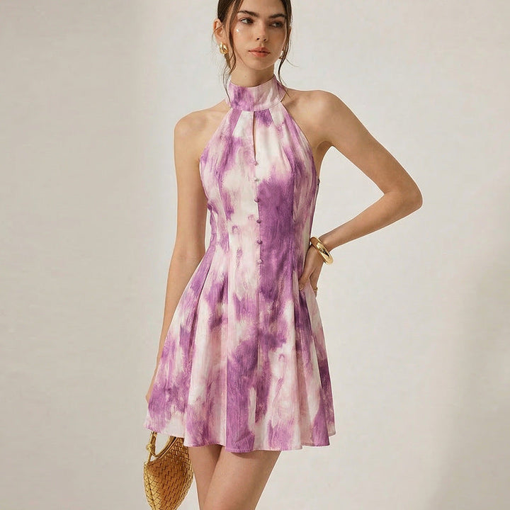 Damen Sommerliches Minikleid mit hochgeschlossenem Kragen und verspieltem Farbverlauf Drune