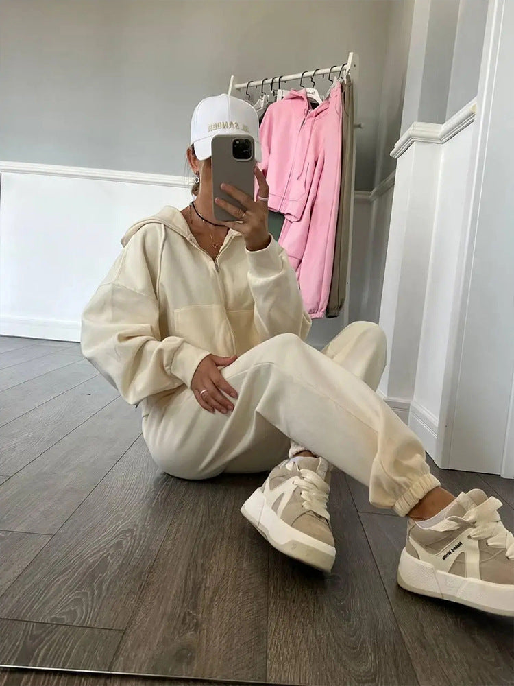 Damen lässiges Kapuzen-Sweatshirt und Jogginghose Set in Oversize-Passform mit Reißverschluss und Kängurutasche Drune