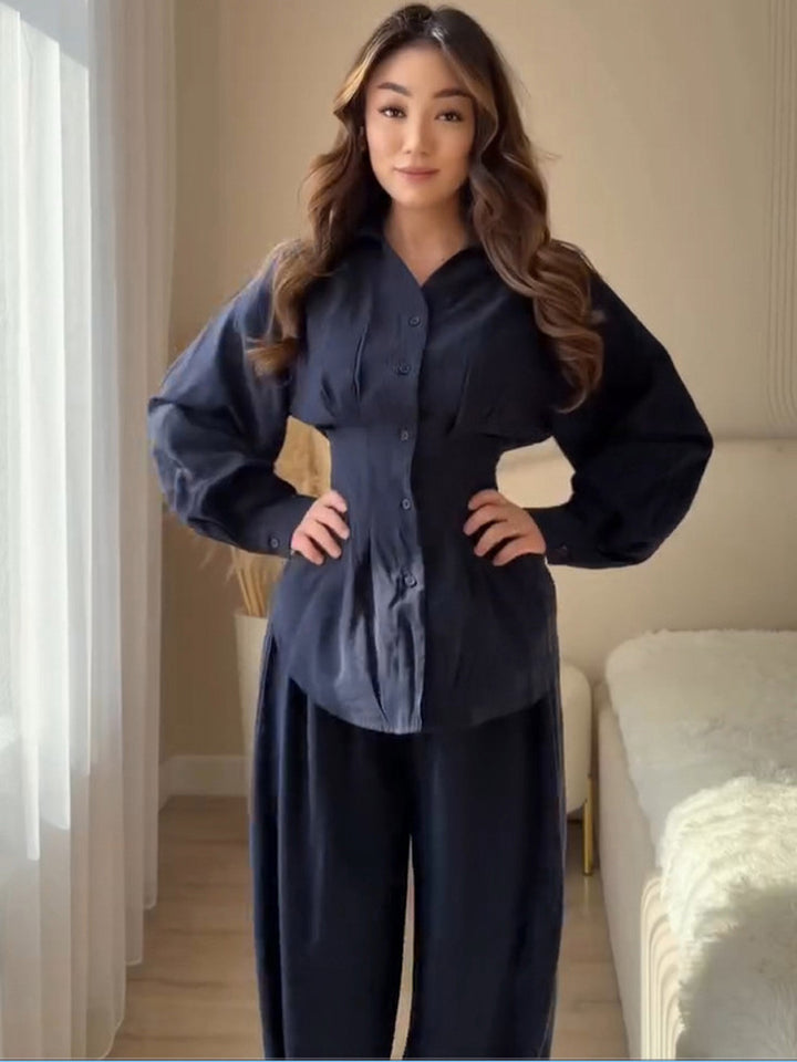 Damen Elegantes zweiteiliges Satin-Loungewear-Set mit taillierter Bluse und weitem Hosenbein Drune