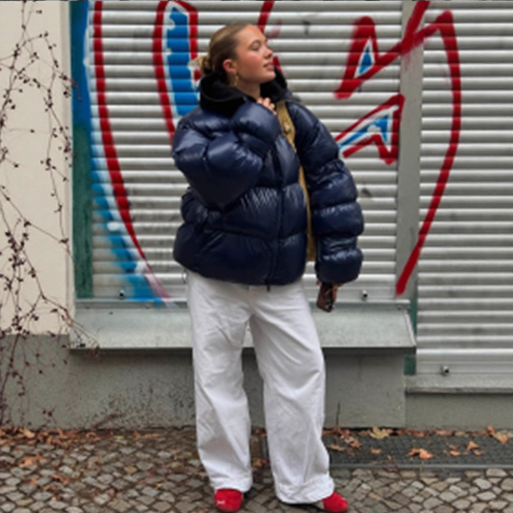 Damen Glänzende Oversize-Steppjacke mit Kapuze und hohem Stehkragen Drune