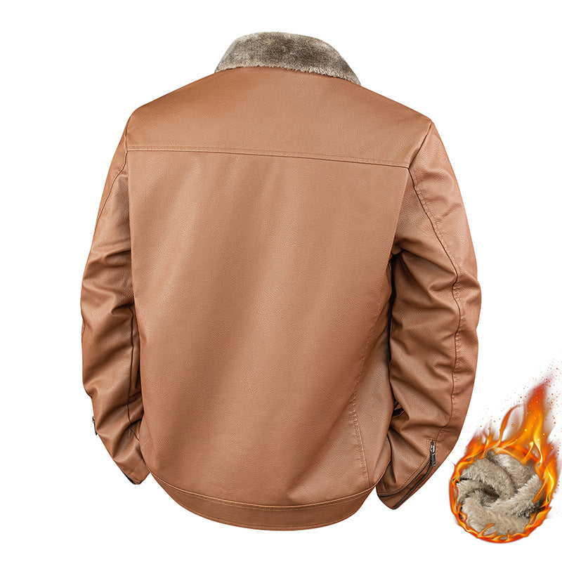 Herren Kunstleder-Bomberjacke mit wärmendem Teddyfutter und umklappbarem Fellkragen Drune