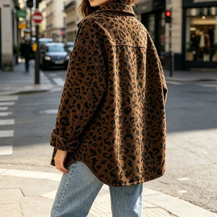 Damen Oversize Cord-Hemdenjacke mit Leopardenmuster und Druckknöpfen Drune