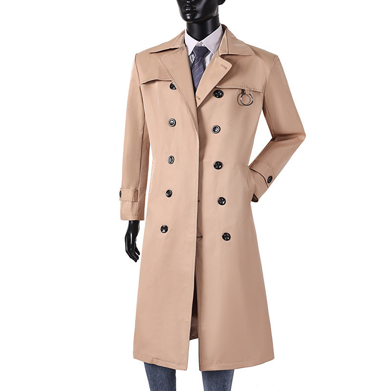 Herren Doppelreihiger Trenchcoat mit Taillierung, Reverskragen und dekorativem Metallring Drune