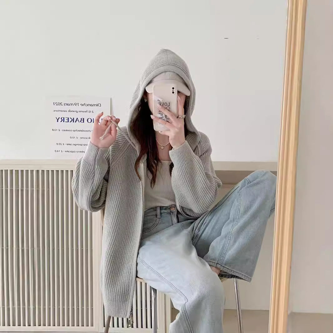 Damen gemütlicher Strick-Hoodie mit durchgehendem Reißverschluss und Kordelzug Drune