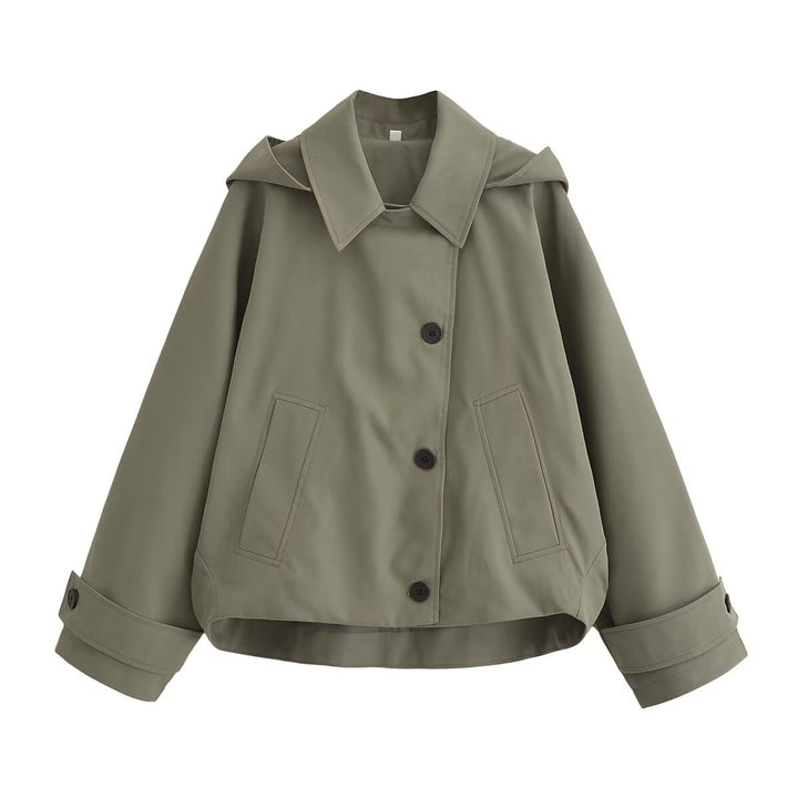 Damen Kurze Boxy-Übergangsjacke mit Kapuze und Hemdkragen Drune