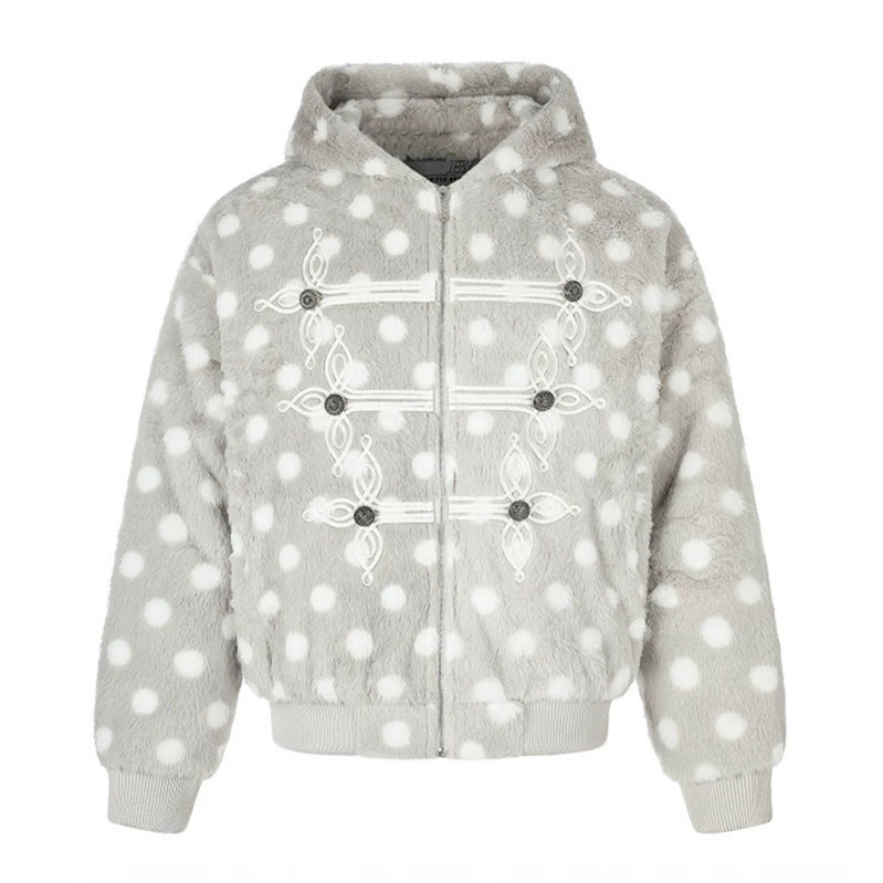 Damen Kapuzen-Fleecejacke im Bomberstil mit Polka‑Dot und dekorativen Froschknopf-Details Drune