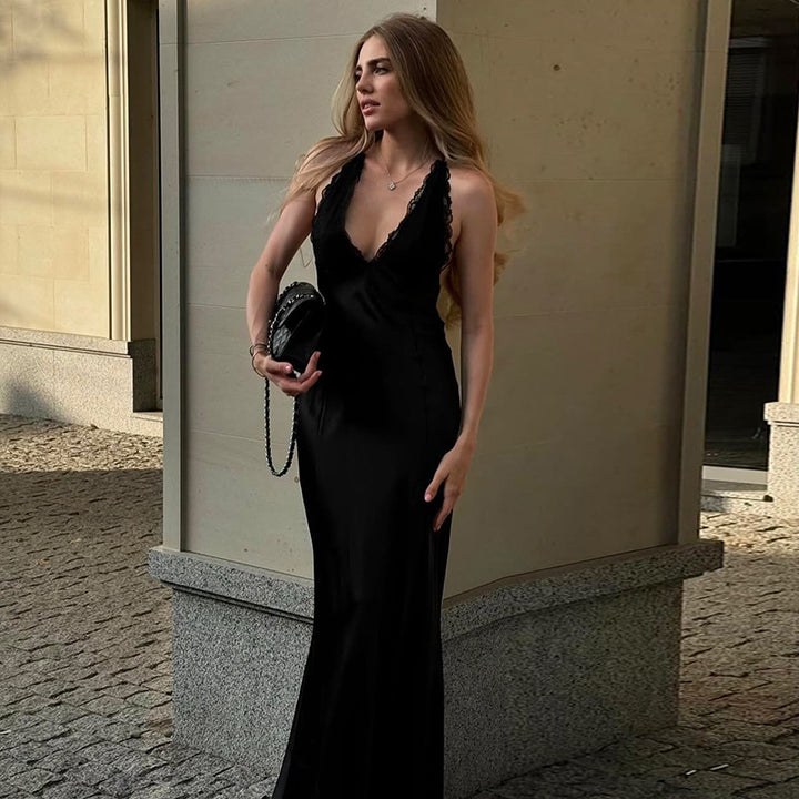 Damen elegantes langes Kleid mit verführerischem Spitzendetail und tiefem Ausschnitt Drune
