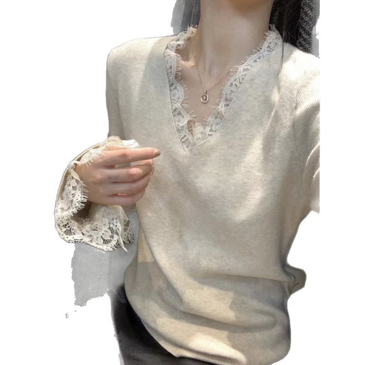 Damen Strickpullover mit feinem Spitzenbesatz und V-Ausschnitt Drune
