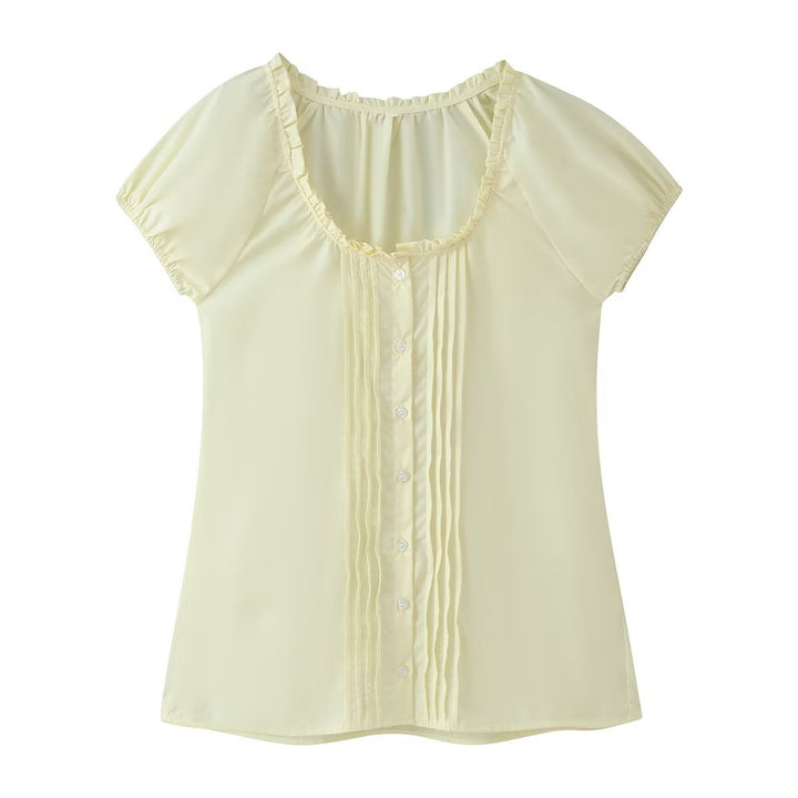 Damen Schlichte Chiffonbluse mit Rüschensaum, kurzen Ärmeln und Biesen-Front Drune