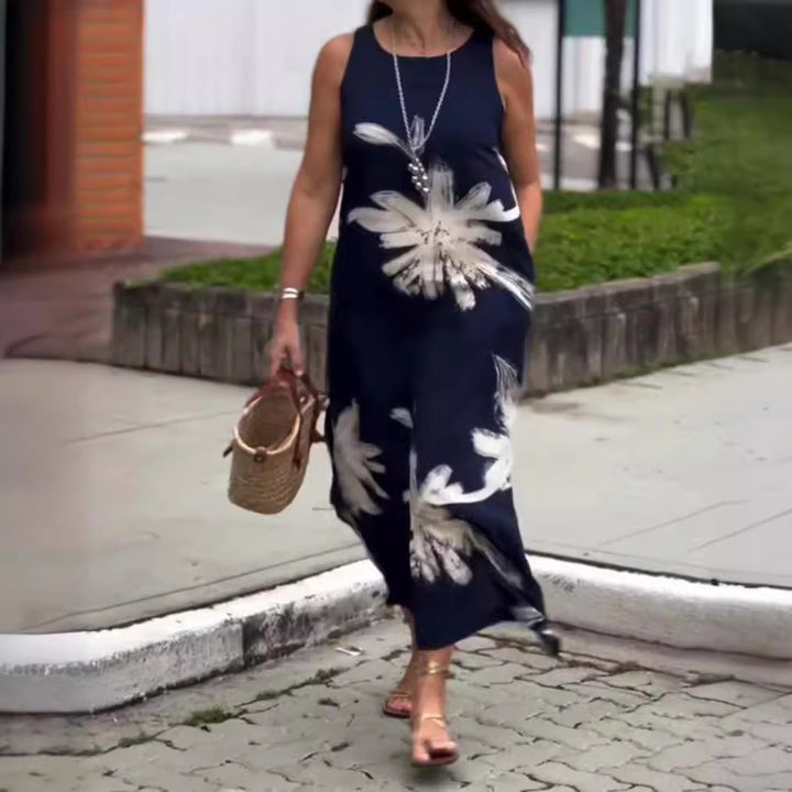 Damen nan ärmelloses lässiges Maxikleid aus Leichtjersey mit großflächigem Pinselblumenmuster und versteckten Seitentaschen Drune