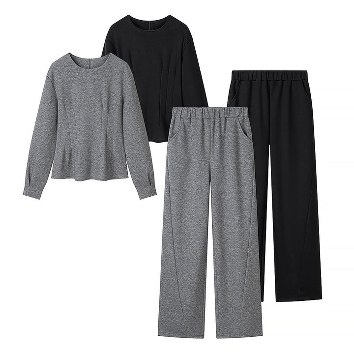 Damen Zweiteiliges Lounge‑Set aus Stretch‑Jersey mit Rundhalsausschnitt und hochtaillierter Weitbein‑Hose Drune