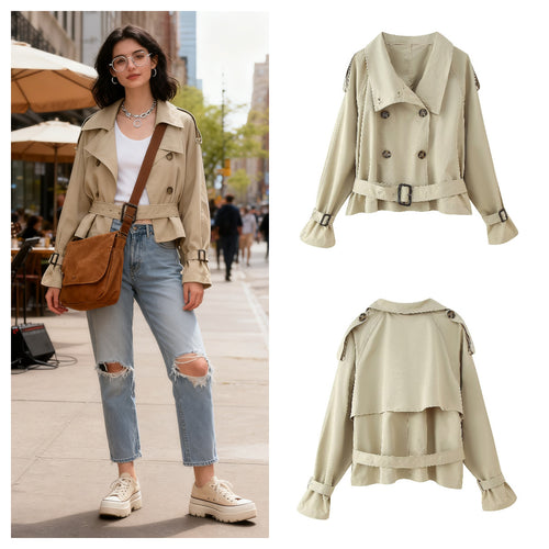 Damen modische Trenchcoatjacke mit breitem Revers und Gürteldetail Drune