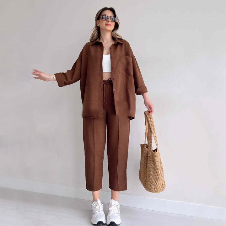 Damen lässige Loungewear-Kombination mit leichtem Leinenhemd und elastischer Hose Drune