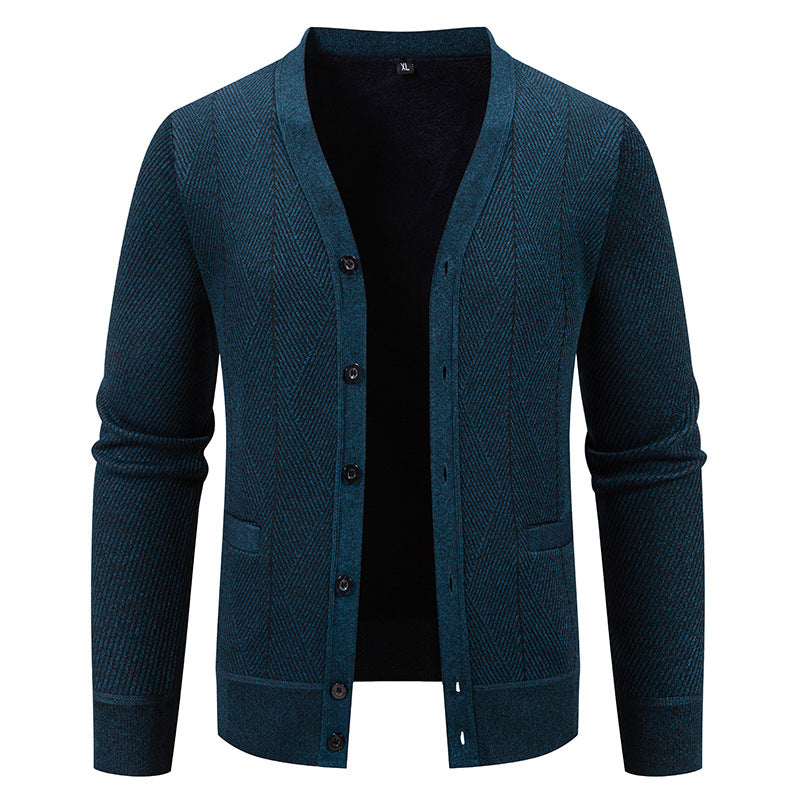Herren Strukturierter Feinstrick-Cardigan mit Chevron‑Muster, V‑Ausschnitt und Eingrifftaschen Drune