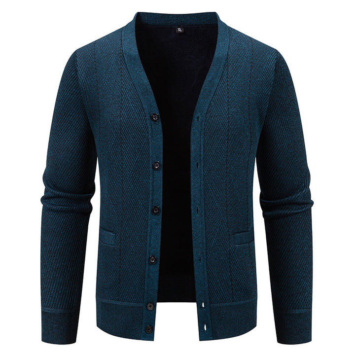 Herren Strukturierter Feinstrick-Cardigan mit Chevron‑Muster, V‑Ausschnitt und Eingrifftaschen Drune