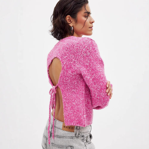 Damen lässiger Strickpullover mit elegantem Rückenausschnitt und Knoten Drune