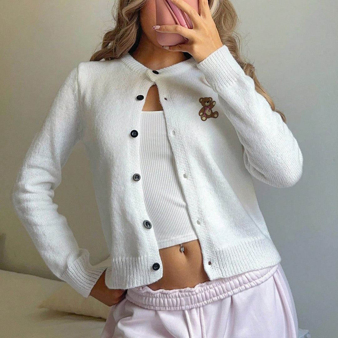 Damen Strickjacke mit niedlichem Bären-Design und Knopfverschluss Drune