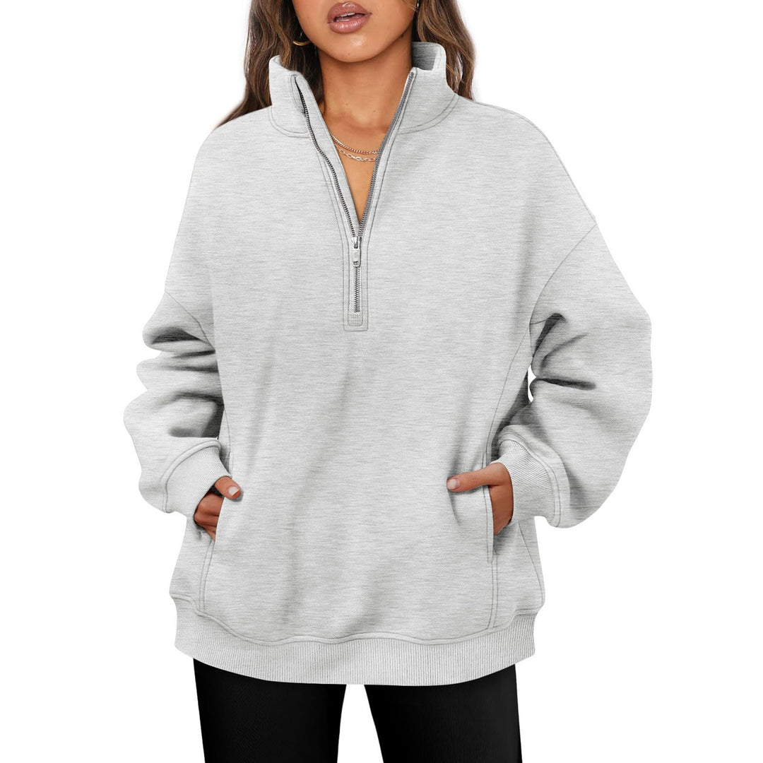 Damen nan oversized Halbzip-Pullover mit Stehkragen, Kängurutasche und Rippbündchen Drune