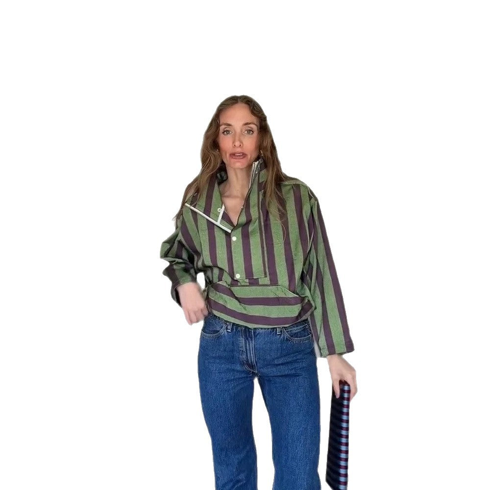 Damen Oversized Streifen-Pullover mit Halbreißverschluss, Stehkragen und Kängurutasche Drune
