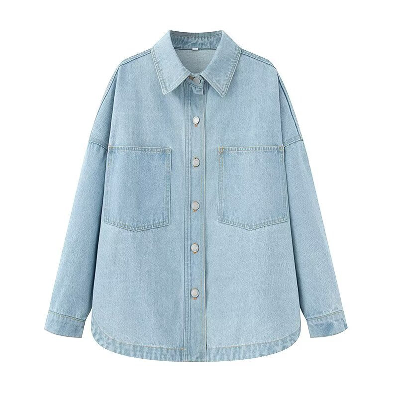 Damen Oversize Jeans-Hemdjacke im Boxy-Schnitt mit aufgesetzten Brusttaschen und Rundsaum Drune