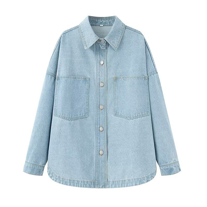 Damen Oversize Jeans-Hemdjacke im Boxy-Schnitt mit aufgesetzten Brusttaschen und Rundsaum Drune