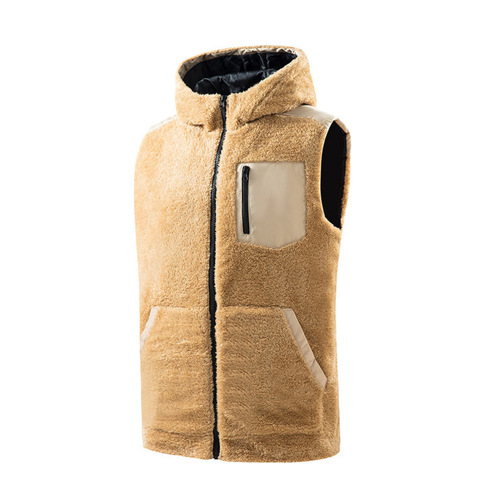 Herren Gefütterte Teddy-Fleece-Weste mit Kapuze, Reißverschluss-Brusttasche und Kängurutaschen Drune