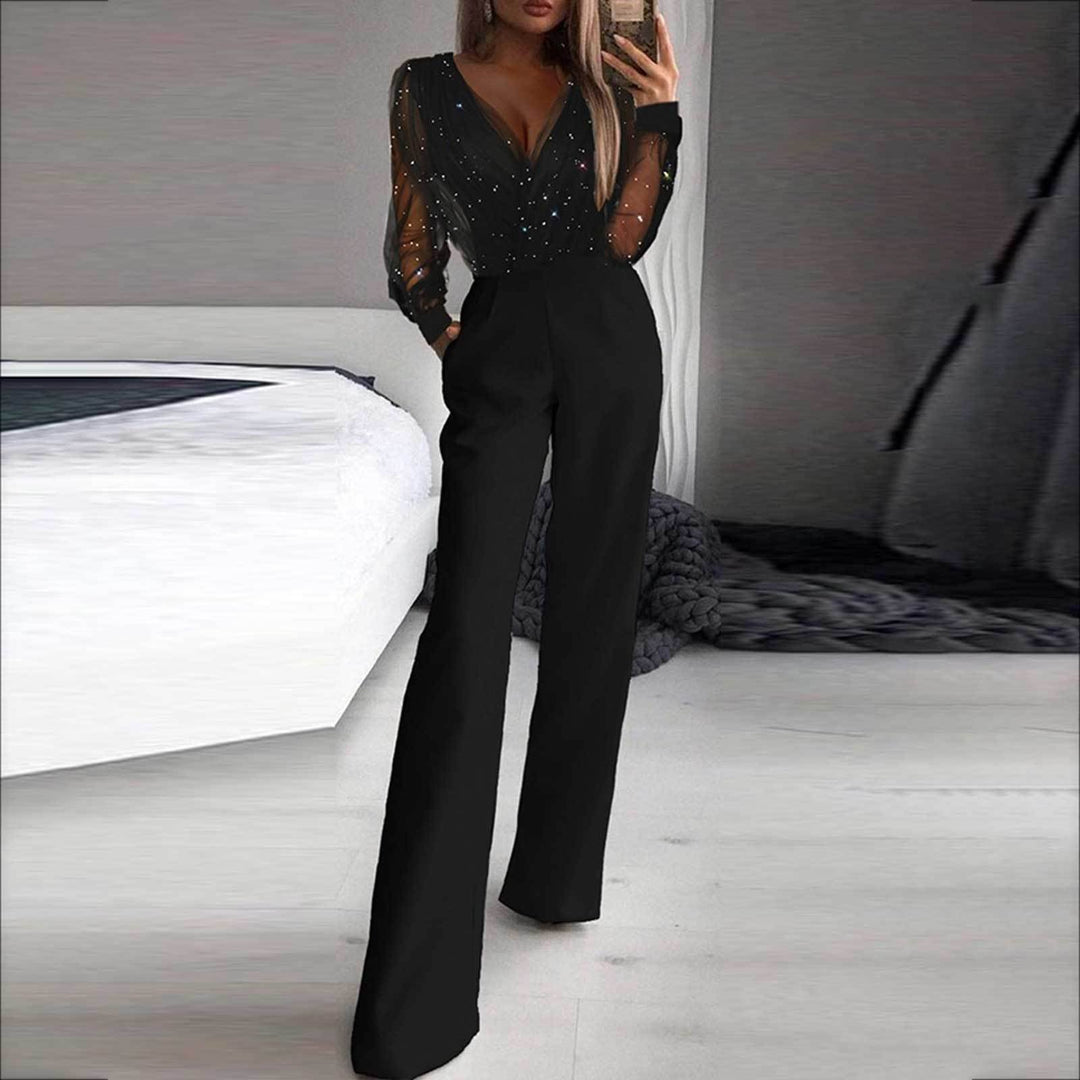 Damen Eleganter Jumpsuit mit transparenten Ärmeln und funkelnden Details Drune