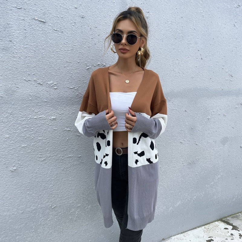Damen Offene Longcardigan im Blockdesign mit Animal‑Intarsien und gerippten Abschlüssen Drune