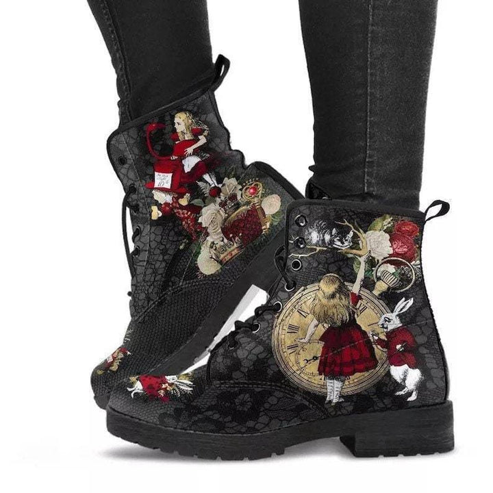 Damen nan modische knöchelhohe Schnür-Bikerboots mit auffälligem Totenkopf-Rosen-Print und robuster Profilsohle Drune