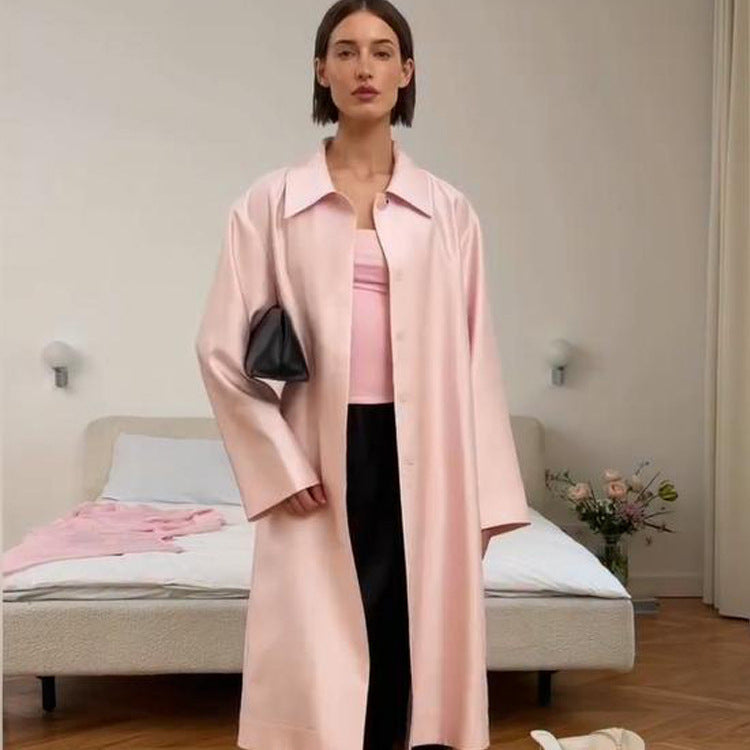 Damen leichter satinähnlicher Longmantel im Oversize-Schnitt mit weitem Revers Drune
