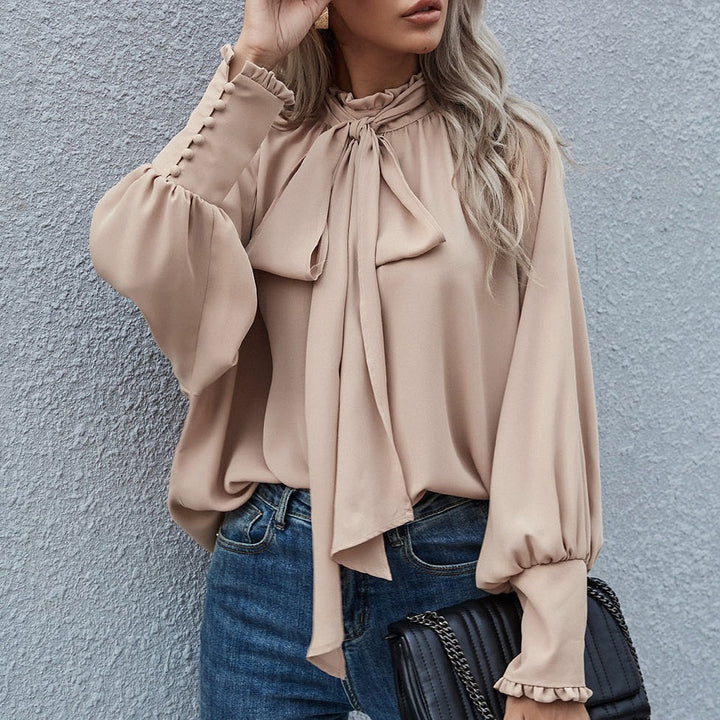 Damen Bluse mit Schleifenkragen und voluminösen Ärmeln Drune