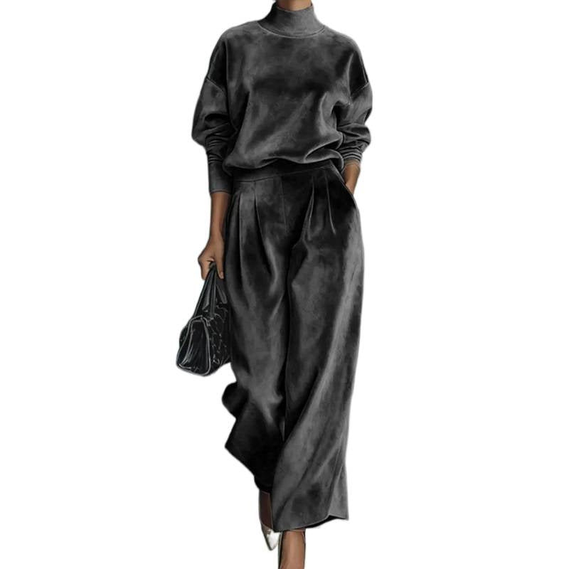 Damen Zweiteiliges Samt-Loungewear-Set mit Stehkragen und Plissee-Palazzohose Drune