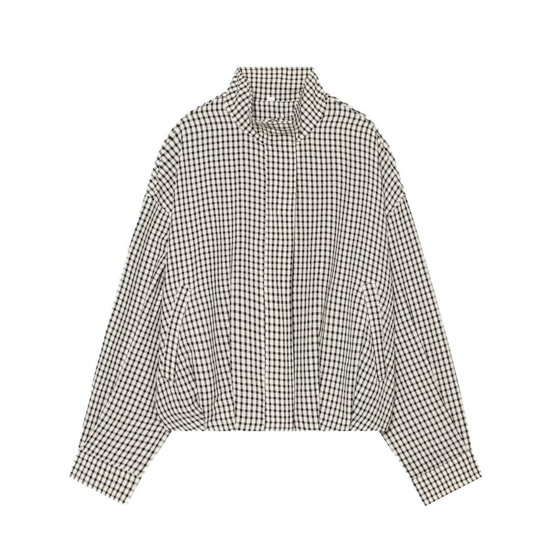 Damen Cropped Boxy-Jacke im Vichy-Karo mit Funnelkragen und verdeckter Knopfleiste Drune