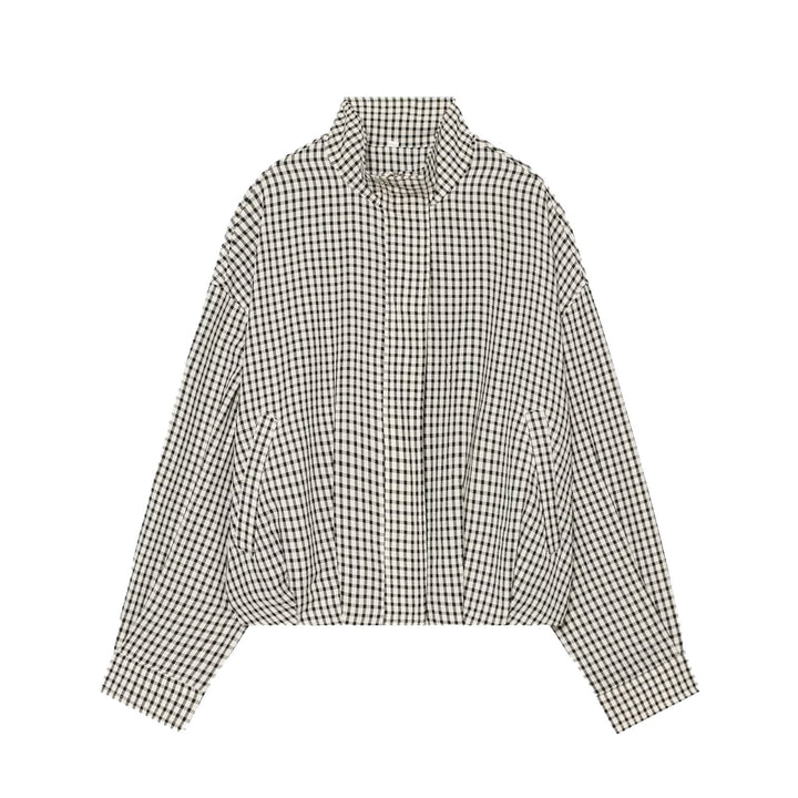 Damen Cropped Boxy-Jacke im Vichy-Karo mit Funnelkragen und verdeckter Knopfleiste Drune