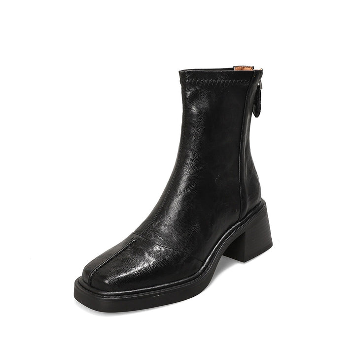 Damen knöchelhohe Lederstiefelette mit quadratischer Zehenpartie und rückseitigem Reißverschluss Drune