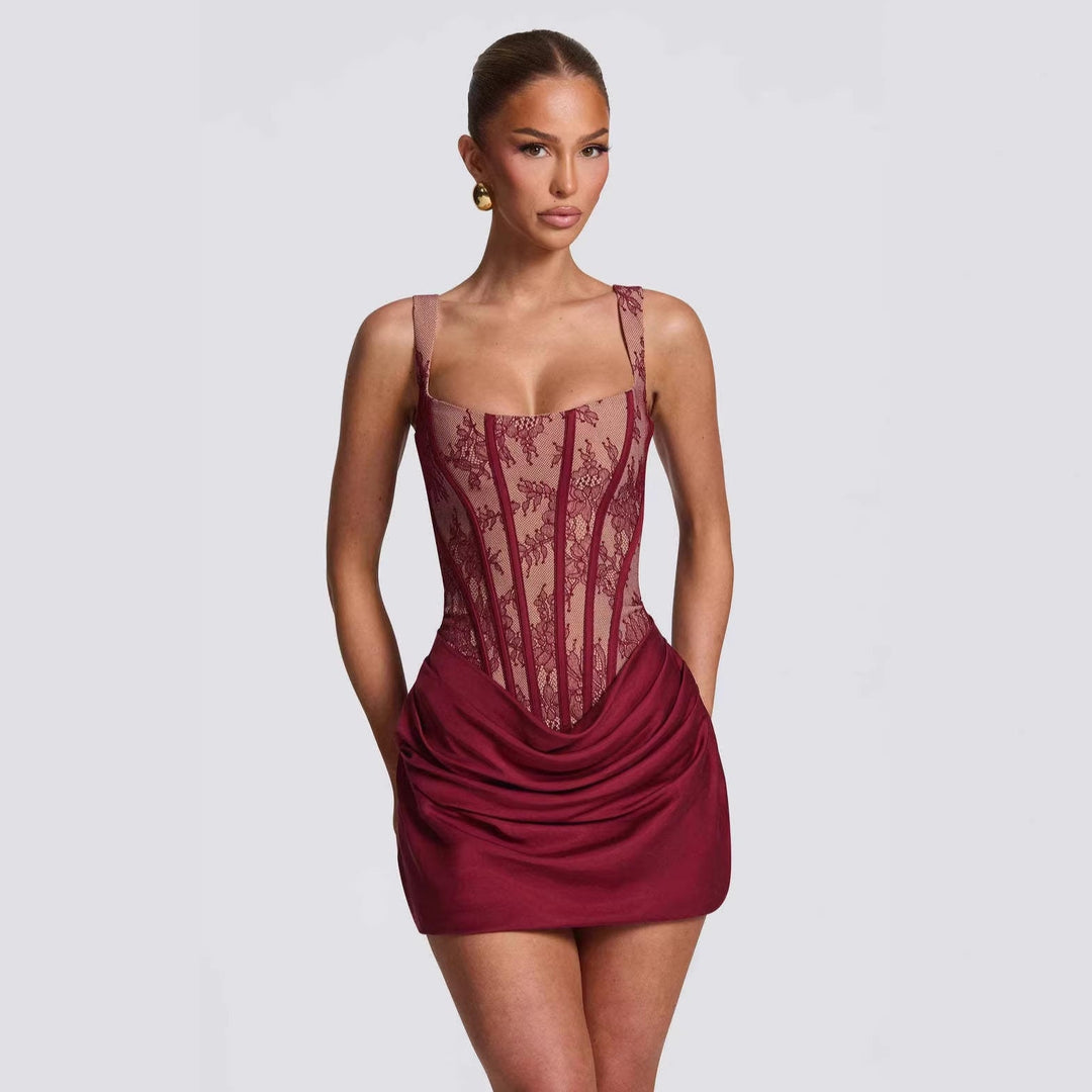 Damen Korsett-Kleid mit luxuriösen Spitzenakzenten und drapiertem Rock Drune
