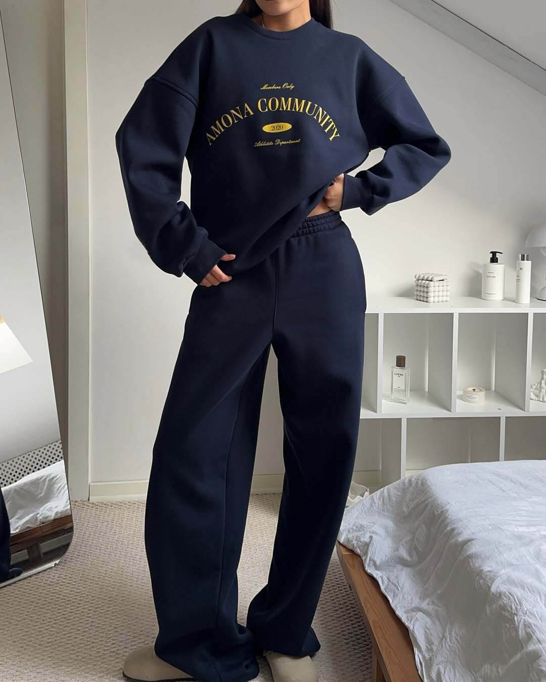 Damen weiches Oversize-College-Sweatshirt und hochgeschnittene weite Jogginghose Drune