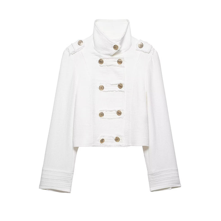 Damen Kurzjacke im Military‑Stil aus Bouclé mit Stehkragen und Zierknopfleiste Drune