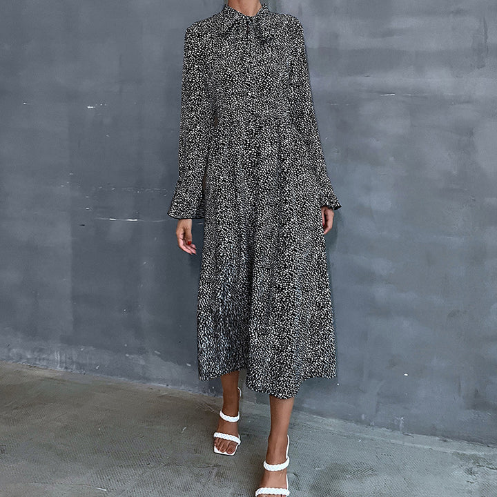 Damen Midikleid mit Stehkragen und Bindeschleife, Langarm A‑Linie mit feinem Pünktchenmuster Drune